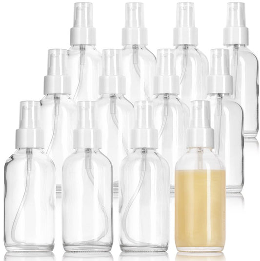 JUVITUS (12 Pack) 4 oz / 120 ml Clear Glass Boston Round Bottle with White Treatment Pump BPA Free Refillable Empty Storage Containers