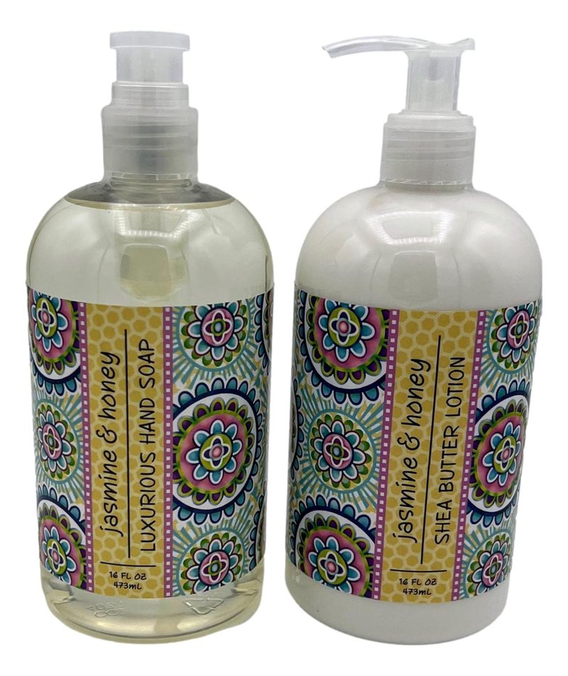 Jasmine & Honey Hand Soap and Shea Butter Lotion Set - 16 Oz Each | Luxurious Moisturizing Duo