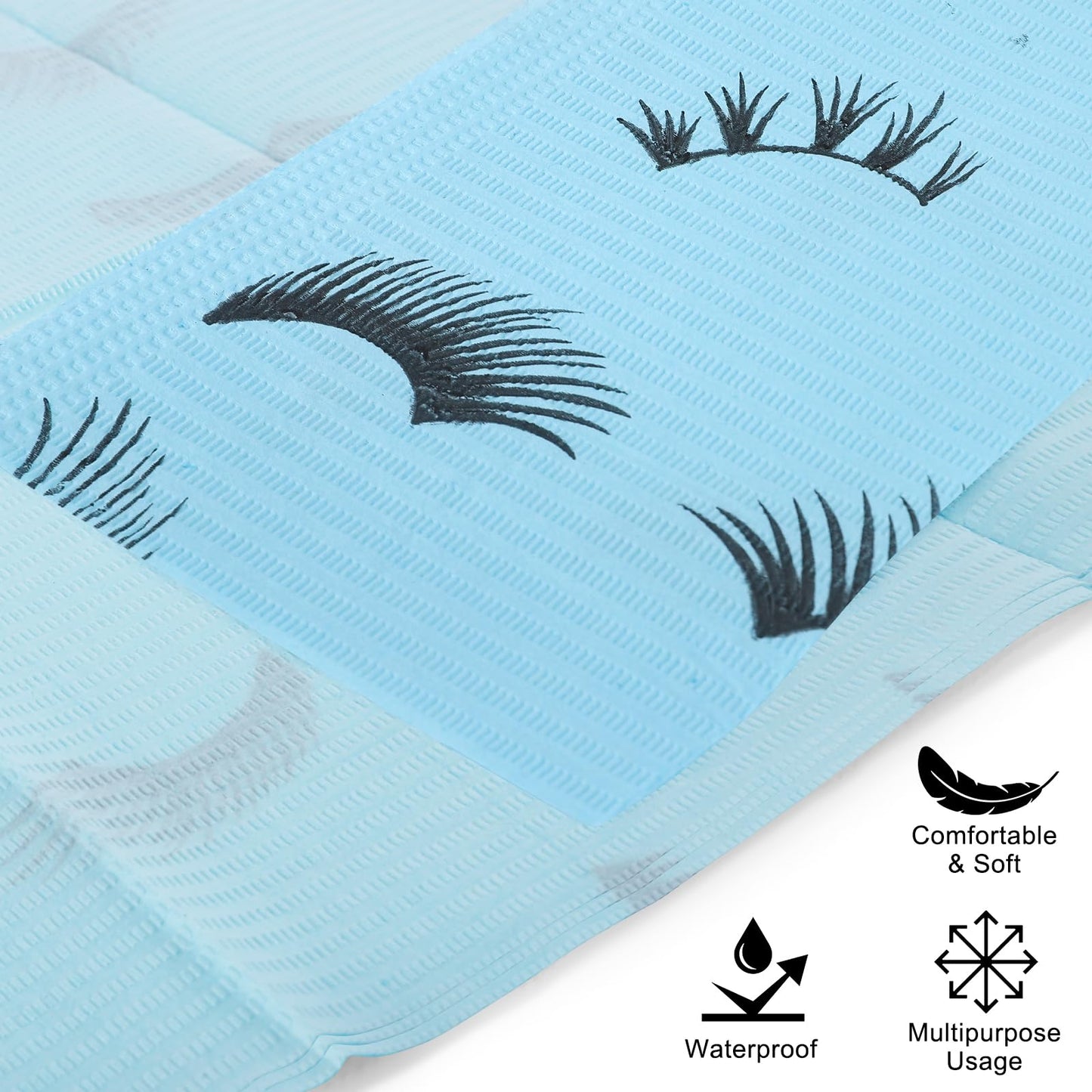 PRASNE Lashing Dental Bibs Disposable Pack of 125, Lash Pillow Cover of Lash Supplies, Blue 3-Ply Paper Poly Waterproof Towels, 13” x 18”, Black Eyelash Printed