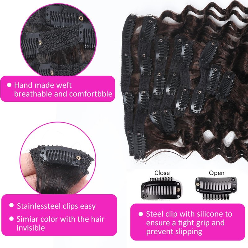 Curly Clip in Hair Extensions Real Human Hair 14inch 100g Invisible & Seamless 100% Brazilian Remy Human Extension Deep Wave Clip ins Extensions Double Weft 8 PCS with 20 Clips #2 Dark Brown