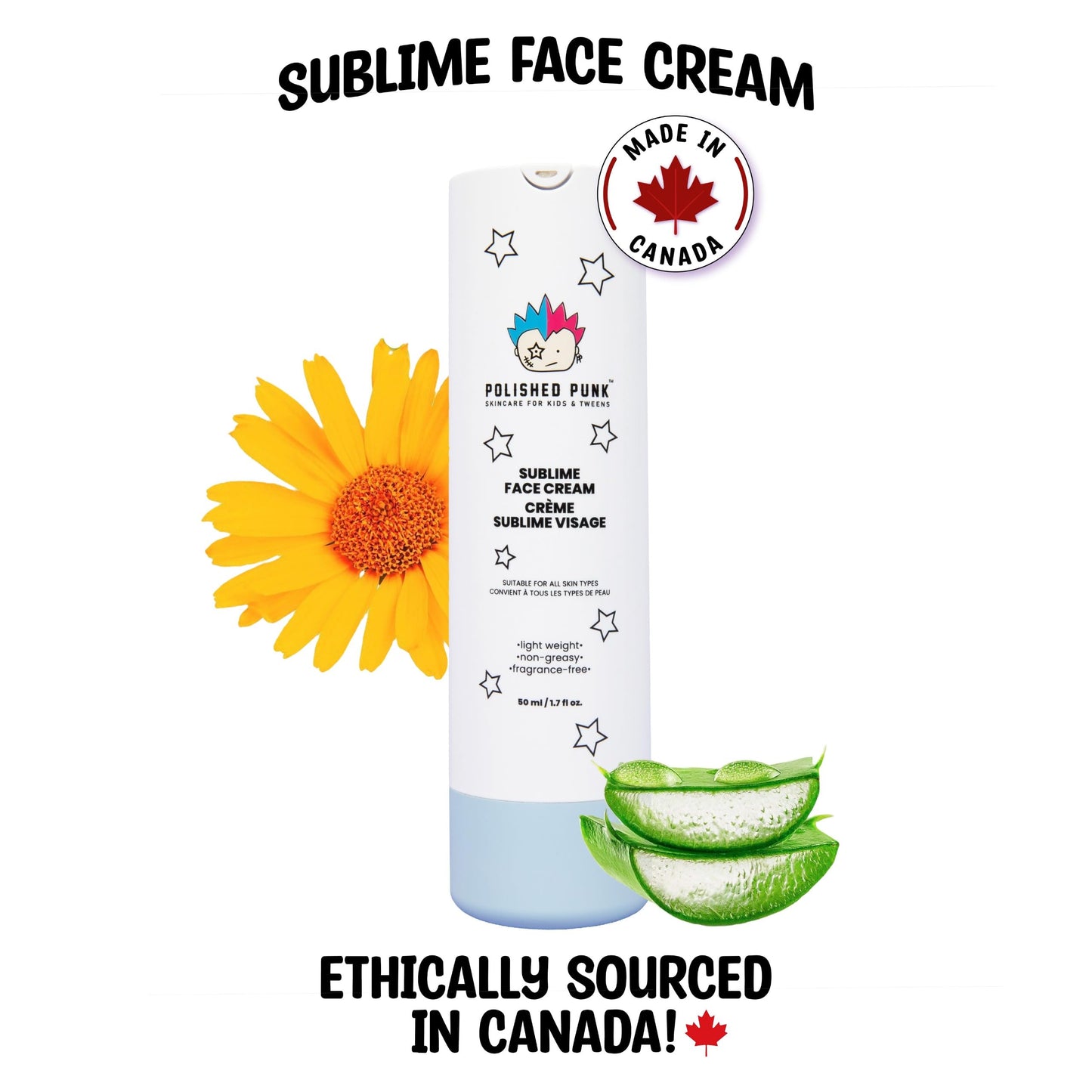 Polished Punk All-Natural Sublime Face Cream for Kids & Tweens, Fragrance-Free, Lightweight, Non-Greasy Face Moisturizer, 50 ml/1.7 fl oz | Skincare for All Types