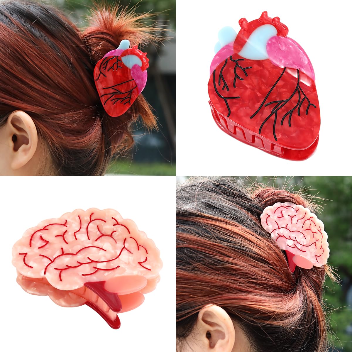 Personalized Acetate Anatomical Heart Hair Claw Clip Brain Claw Hair Clip Relaxing Hair Clip for Nurses Holiday, Personalized and Fun for women Gift (Brain Heart)