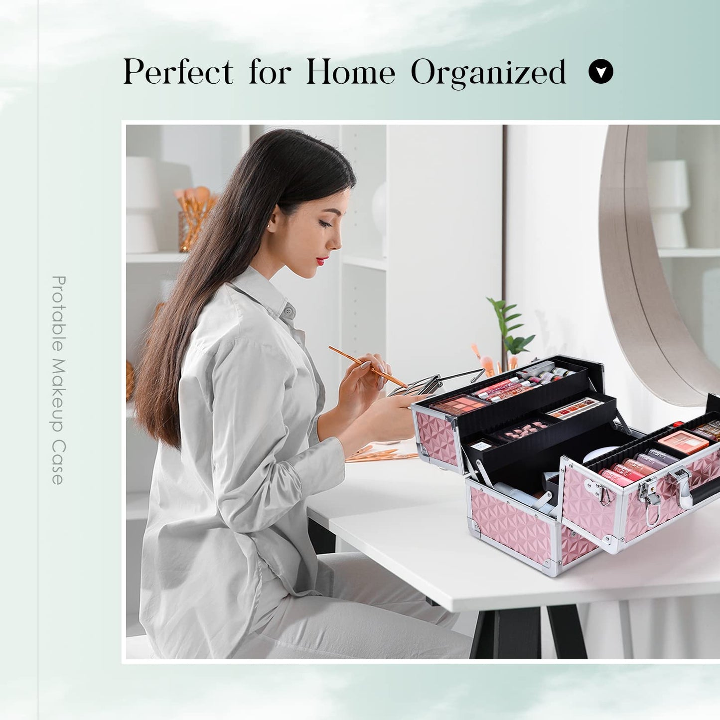 Joligrace Makeup Train Case Professional Cosmetic Organizer Aluminum Storage Box with 4 Adjustable Dividers Trays Lockable Portablewith Shoulder Strap - Neutral Pink