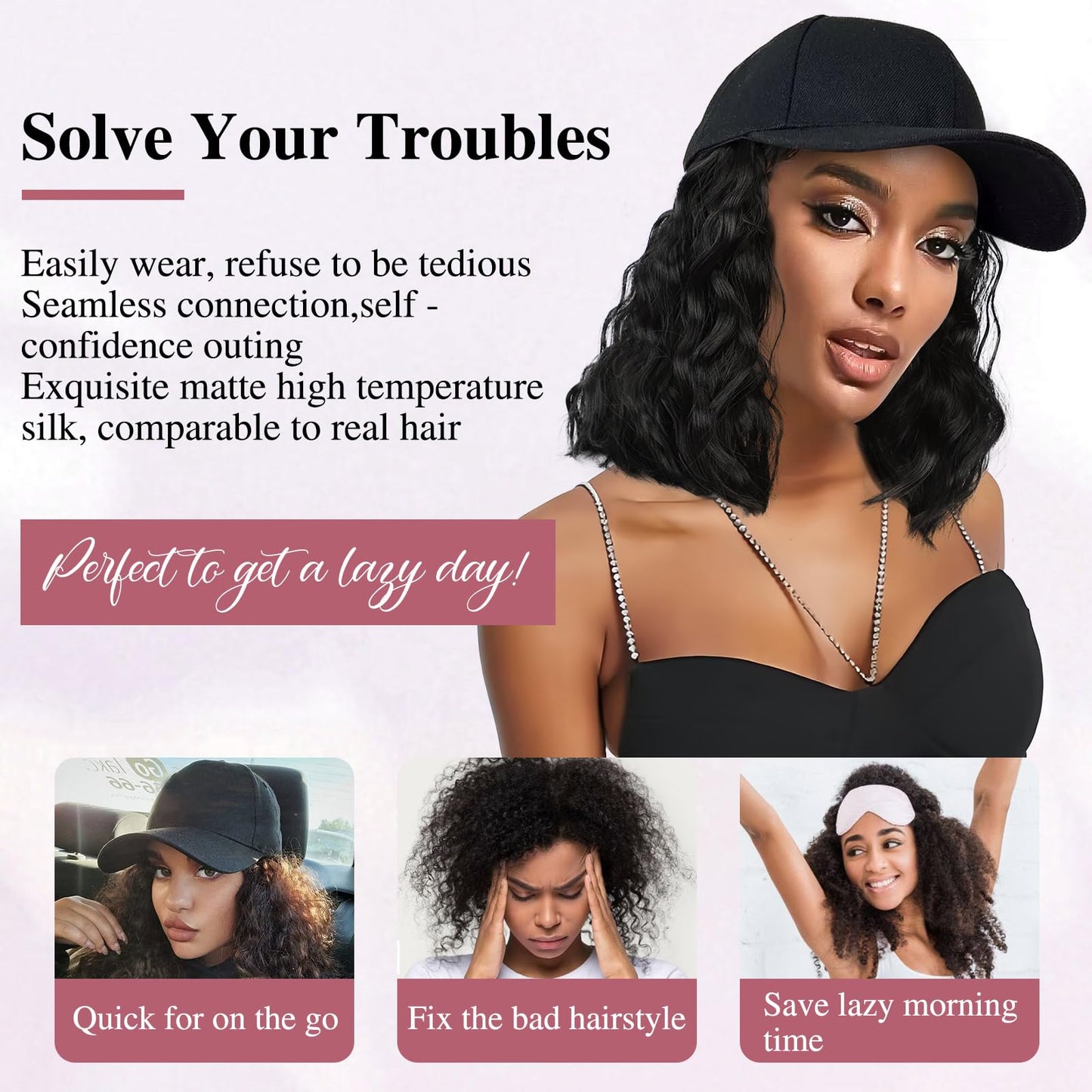 HANYUDIE Hat Wig for Women Wig Cap with Curly Hair Extensions Hat with Hair Wave Adjustable Baseball Cap Wigs