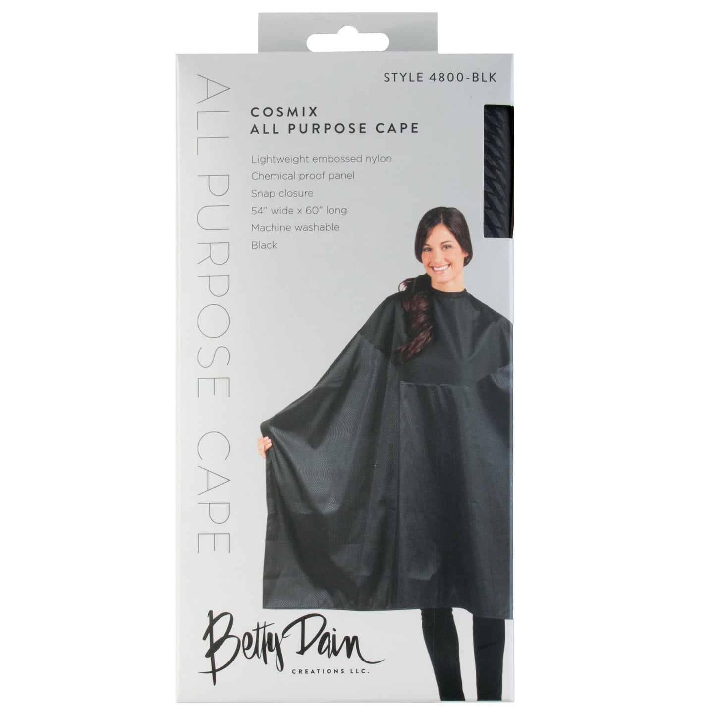 Betty Dain Signature Cosmix Coloring/Styling Cape with Chemical-Proof Panel, Lightweight, Chemical Resistant Fabric, Embossed Pattern, Snap Closure at Neck, Generous 54 x 60 Inch Size, Black