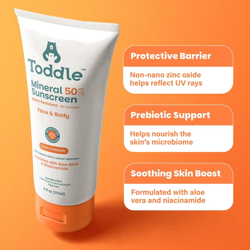 Toddle Prebiotic Mineral Sunscreen SPF 50 for Kids & Baby, Face & Body Sun Protection, Reef Safe, Non-Toxic Zinc Oxide Broad Spectrum, Water-Resistant, No White Cast, 6oz