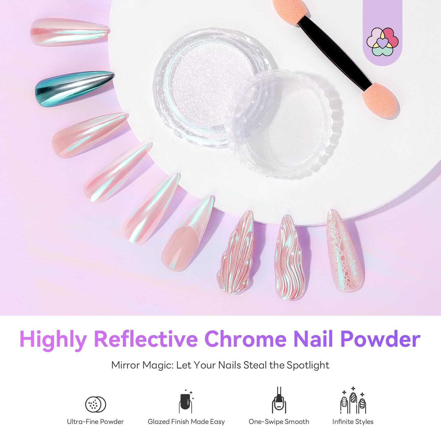 SAVILAND Unicorn Chrome Nail Powder: Highly Reflective Mermaid Aurora Pearl Chrome Powder Pearlescent Pigment Nail Art Glitter Decoration for Home DIY Nail Salon Manicure