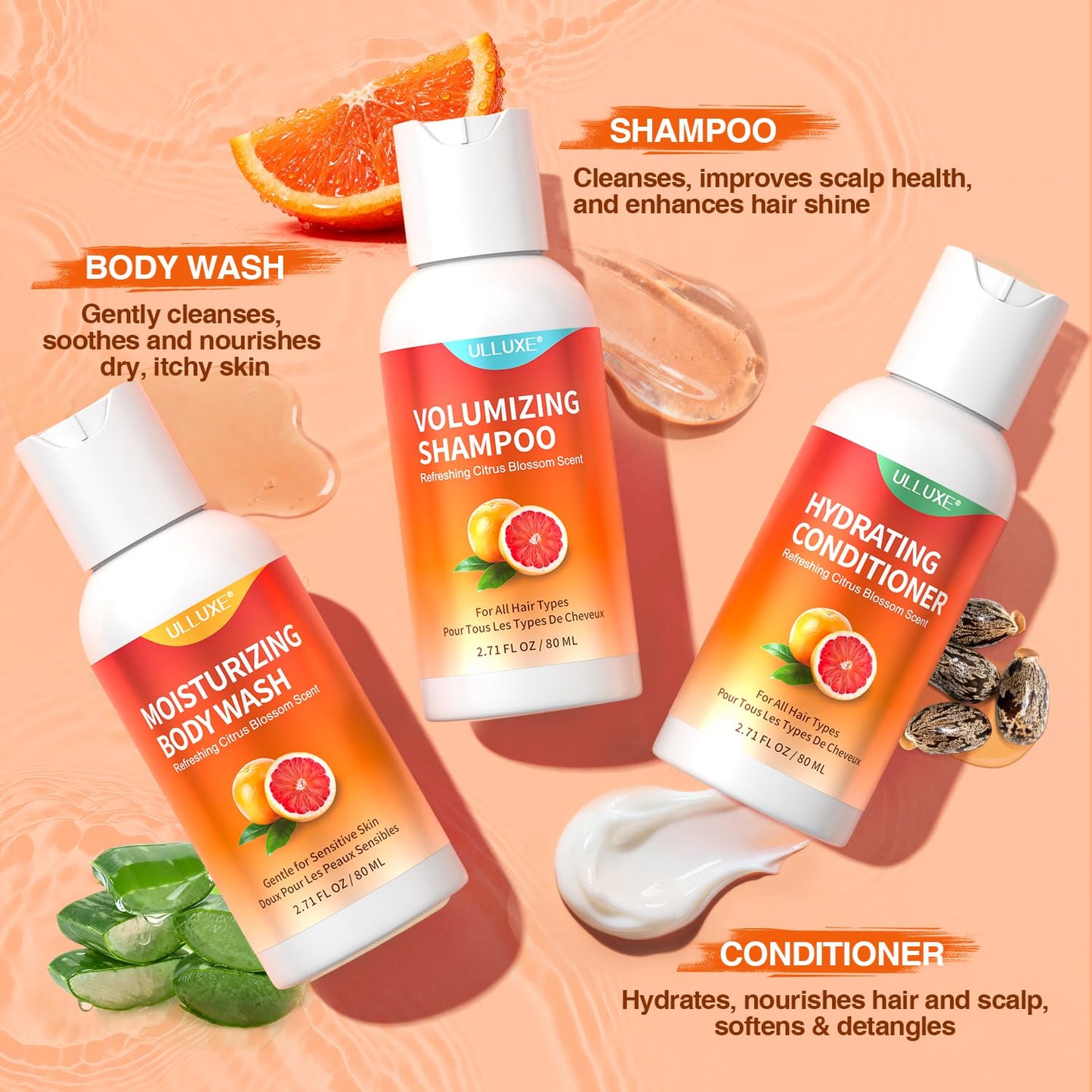Travel Size Shampoo Conditioner and Body Wash Set, Hair Care & Body Care Trio Gift Set for Trip, Camping, Outdoor, Hotel & Gyms, Gentle For Baby, TSA Friendly Essentials, 2.71 Oz Ea