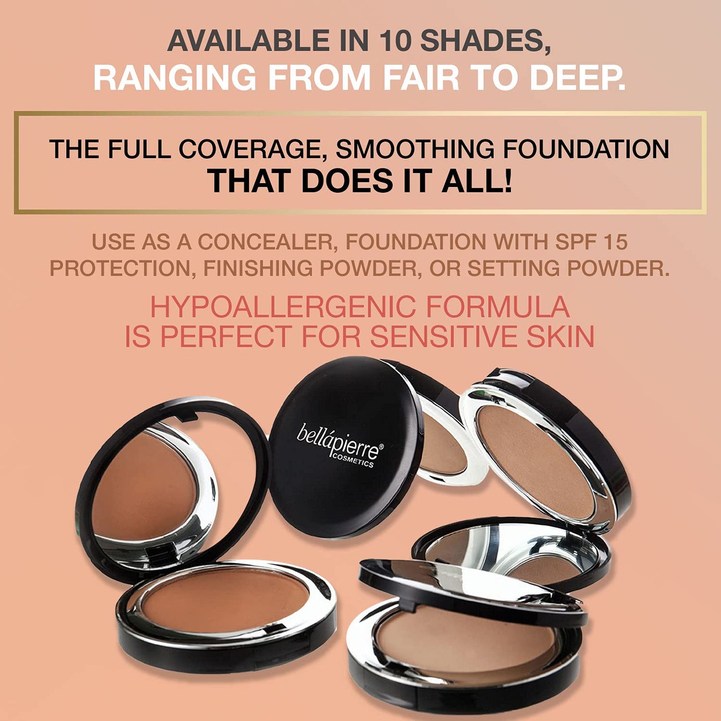 Bellapierre Compact Mineral Foundation SPF 15 – Pressed Powder Foundation, Concealer, Finishing & Setting Powder, On-the-Go Compact, Lightweight, Talc-Free, Non-Toxic – 0.35 oz - Nutmeg