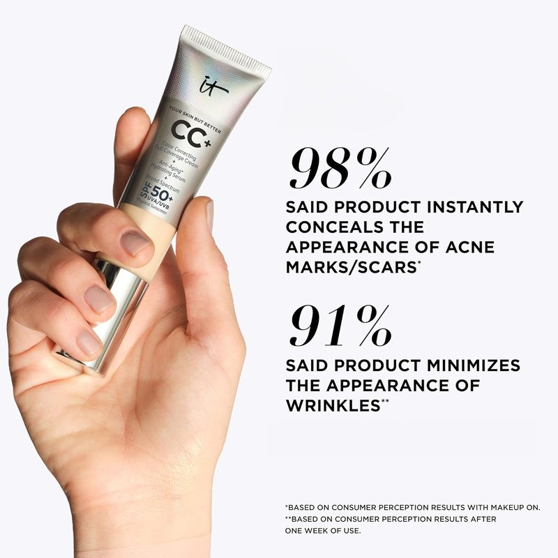 IT Cosmetics CC+ Cream SPF 50+ | Full Coverage Foundation & Radiant Concealer Set - Light Medium Warm