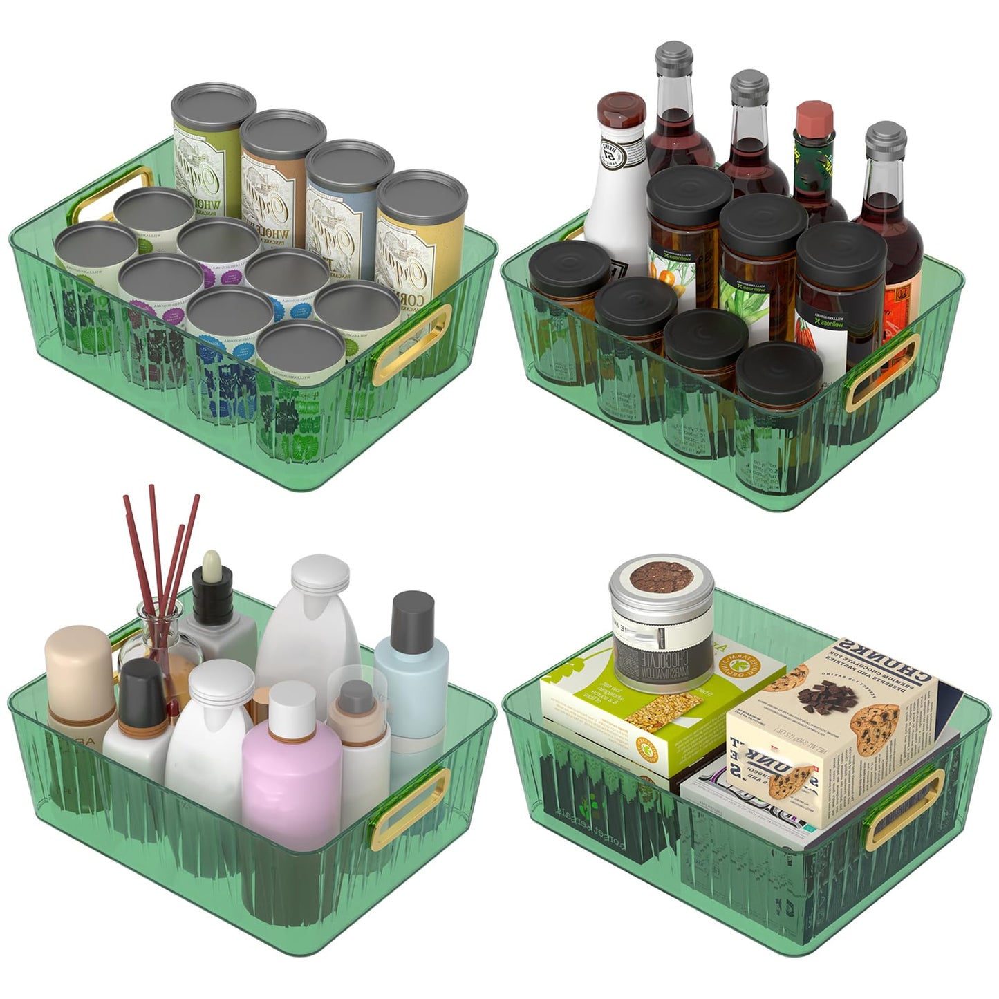 Vadidiya Clear Storage Organizer Bins, Plastic Cosmetic Storage Bin, Green, 4 Packs