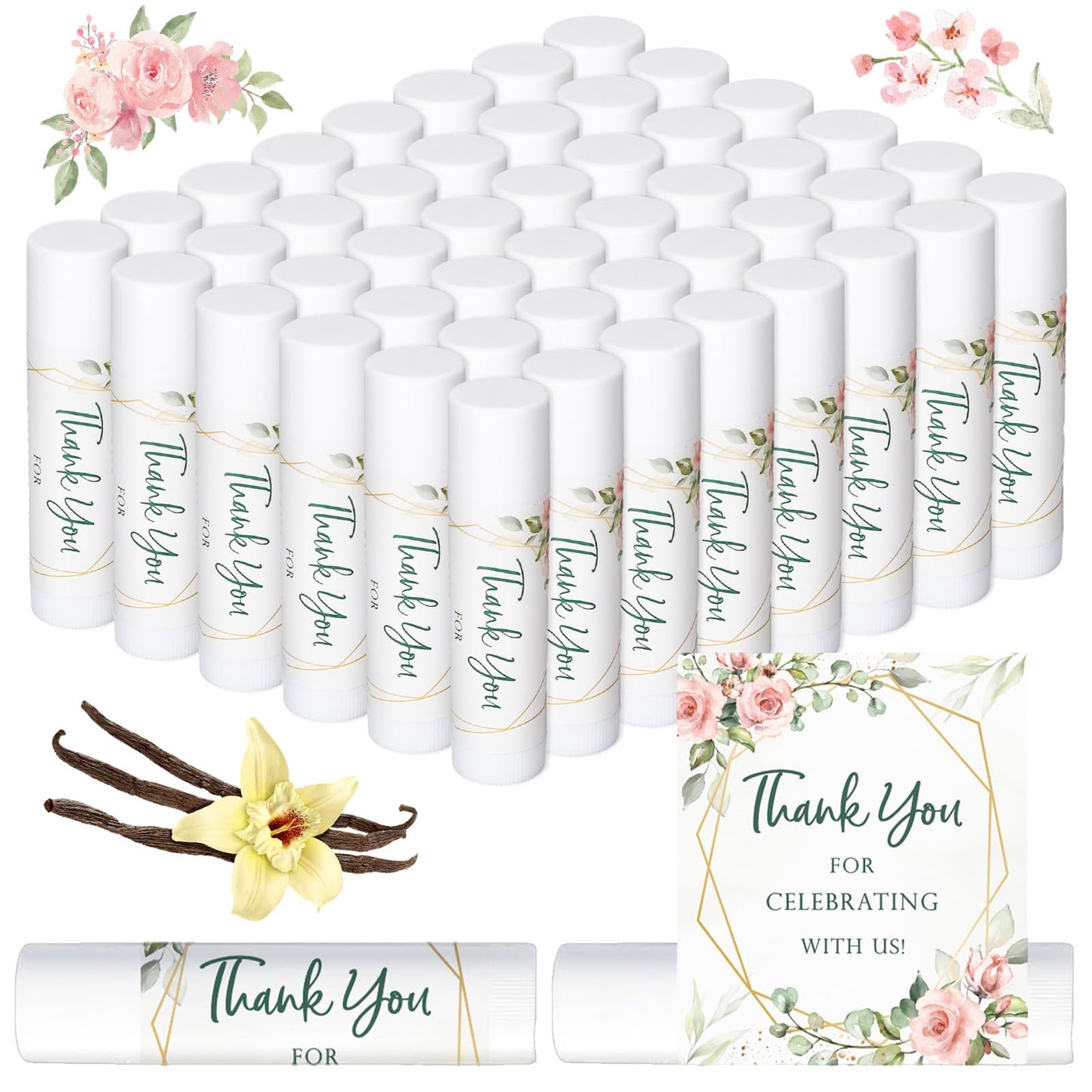 Whaline 60 Pcs Wedding Thank You Gift Lip Balm Bulk Flower Floral Lip Balms Vanilla Flavor Moisturizing Lips Care Guest Basket Gift Stuffer for Bridal Baby Shower Birthday Party Favor Supplies