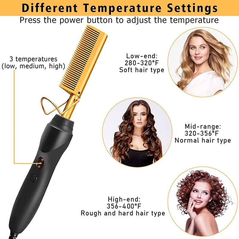 Diamond Electric Adjustable Temperature Hair Straightener Brush Set for Wigs and Natural Black Hair (Gold)