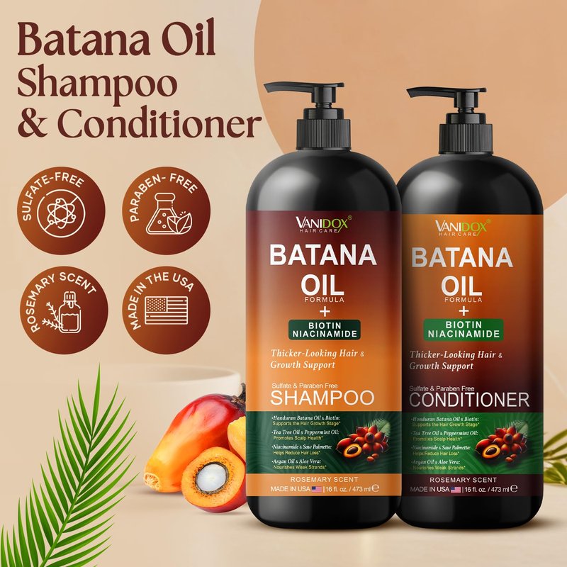 VANIDOX Batana Oil Shampoo and Conditioner Set – Biotin & Niacinamide Infused – Sulfate-Free, Paraben-Free – Moisturizing & Strengthening Hair Care for All Hair Types – 2 x 16 fl oz