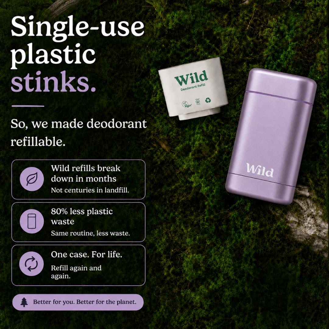 Wild Aluminum Free Natural Deodorant Starter Kit - Refillable Purple Case - Natural Ingredients & 24 Hour Odor Protection - Women's - Fresh Scents Variety Pack - Case + 3 Refills