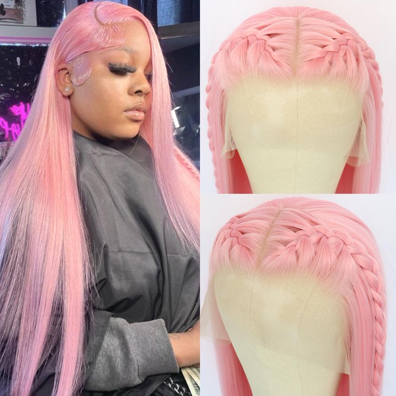 Oxeely Light Pink Synthetic Lace Front Wigs Long Straight Hair Pink Lace Wigs Natural Hairline Pre Plucked Glueless Synthetic Lace Wigs Heat Resistant Fiber Hair Light Pink Wigs for Women Daily Wear