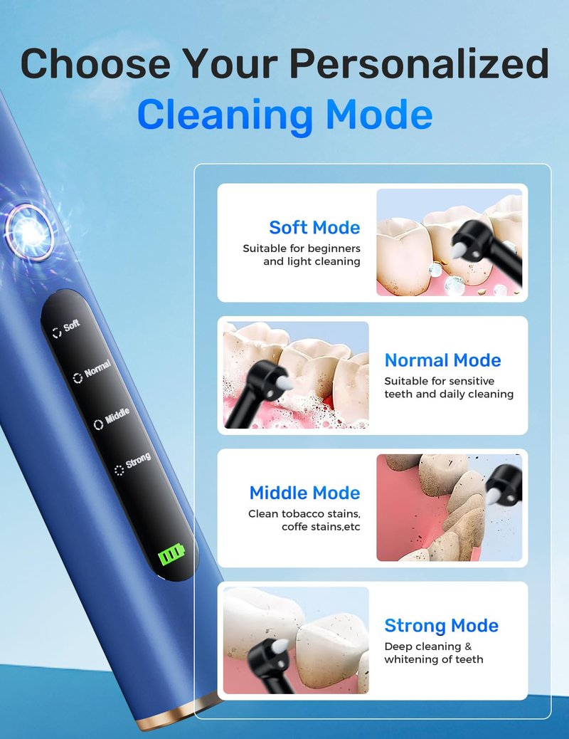 Tooth Polisher, Rechargeable Teeth Polishing Kit for Teeth Whitening, Tooth Polisher for Tartar Stain Removal, Teeth Cleaner Tools for Home Use with 3 Polish Paste and 5 Brush Heads, LED Light