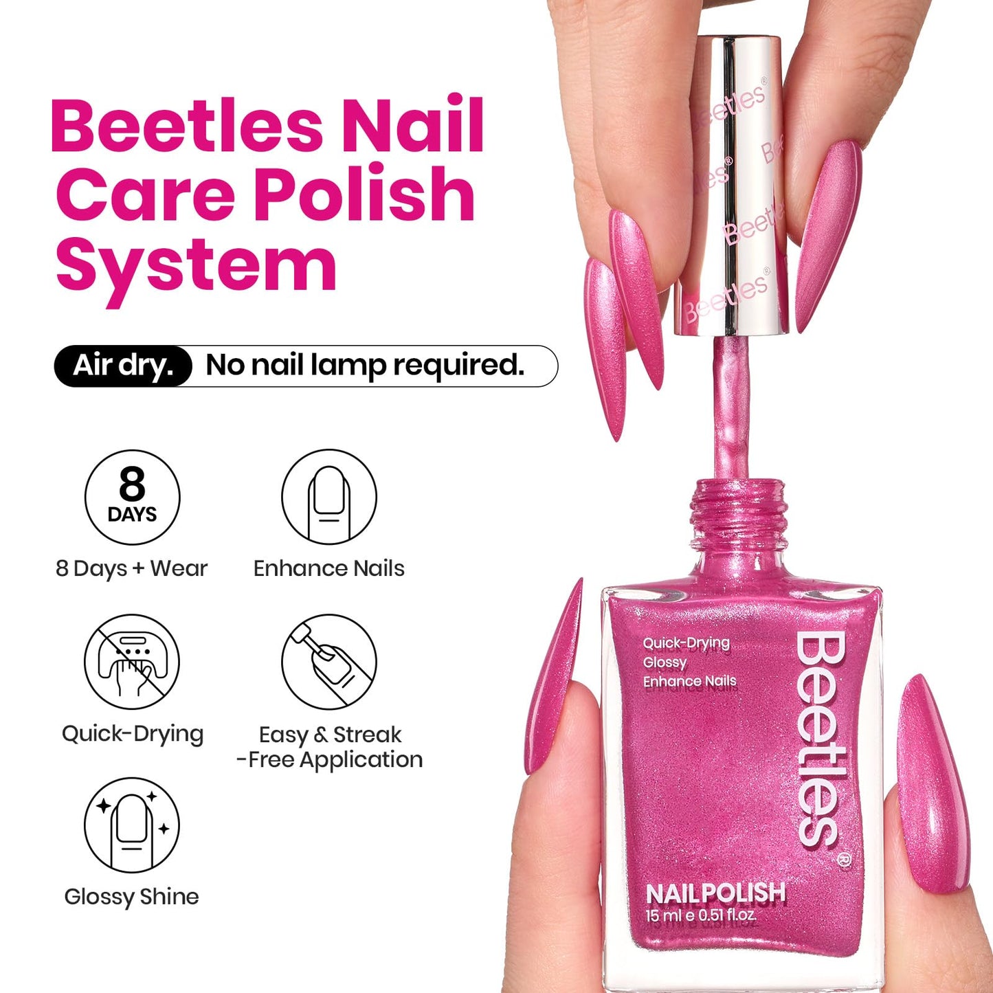 Beetles Hot Pink Nail Polish - 15ML Fast Drying & Long Lasting Nail Polish Romantic Reverie Nail Lacquer Shimmer Art Effect Spring Nails Gifts