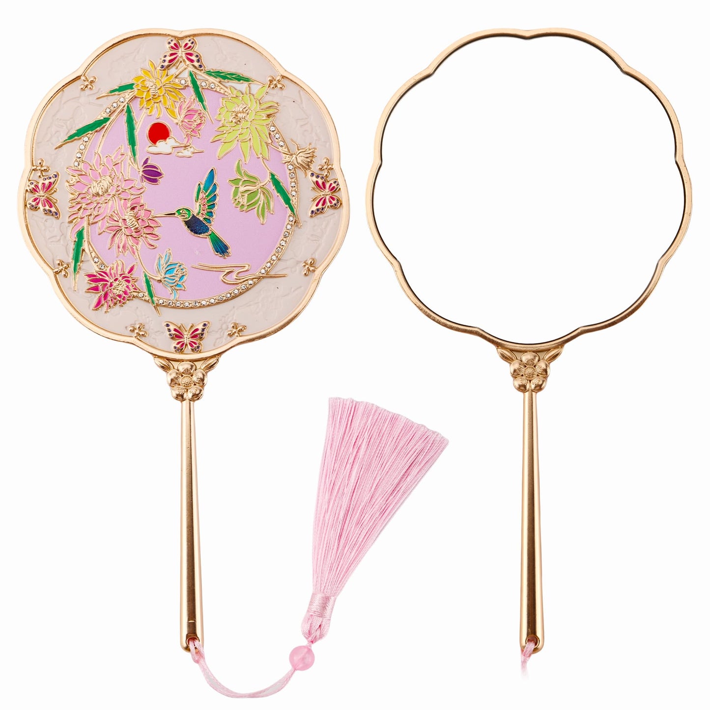 Hand Mirror, Handheld Mirror with Hummingbird Embossed Patterns (Metal), Unique Gifts for Women Birthday Gift for Women Mom Her, Elegant Cosmetic Mirror (Gold)