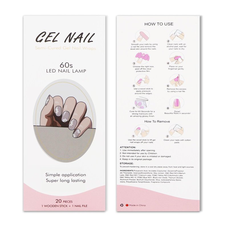 JMEOWIO Gel Nail Stickers White Flower Light Purple Semi Cured Gel Nail Strips Wraps UV/LED Nails Art Design Decoration Accessories
