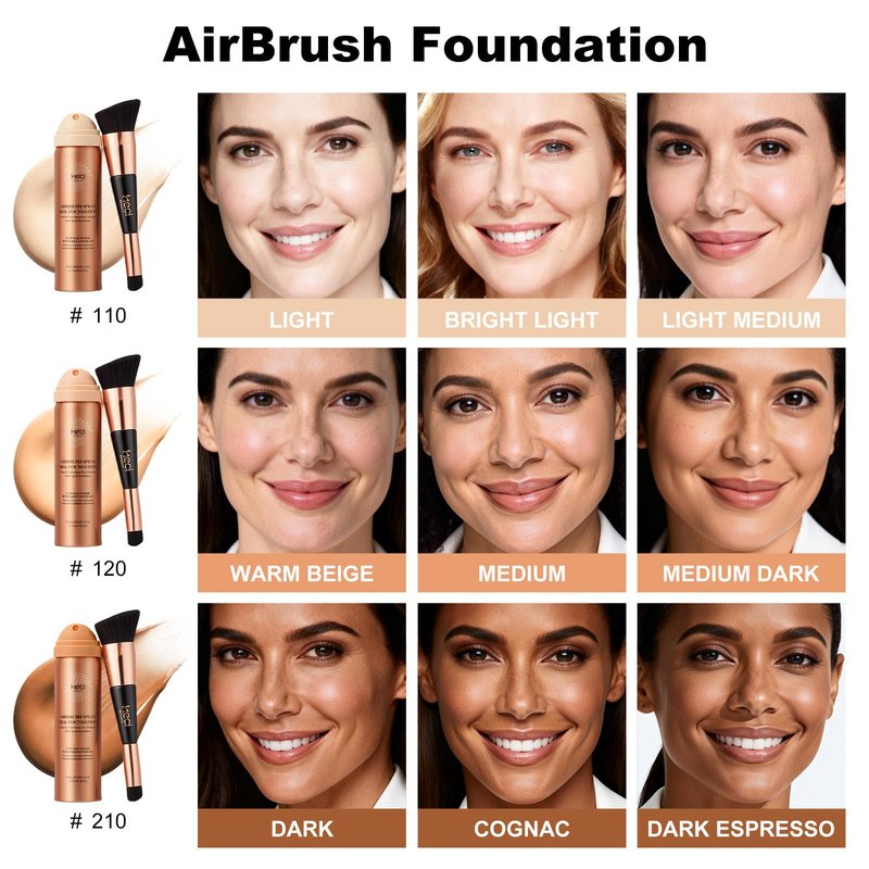 AirBrush Foundation with Nanoscale Powder - HECI BEAUTY Flawless Finish Makeup,Silk Airbrush Spray & Kabuki Brush - Anti-Aging Ingredients for Smooth Radiant Skin,210 Medium,110 Light, 1.69 fl oz