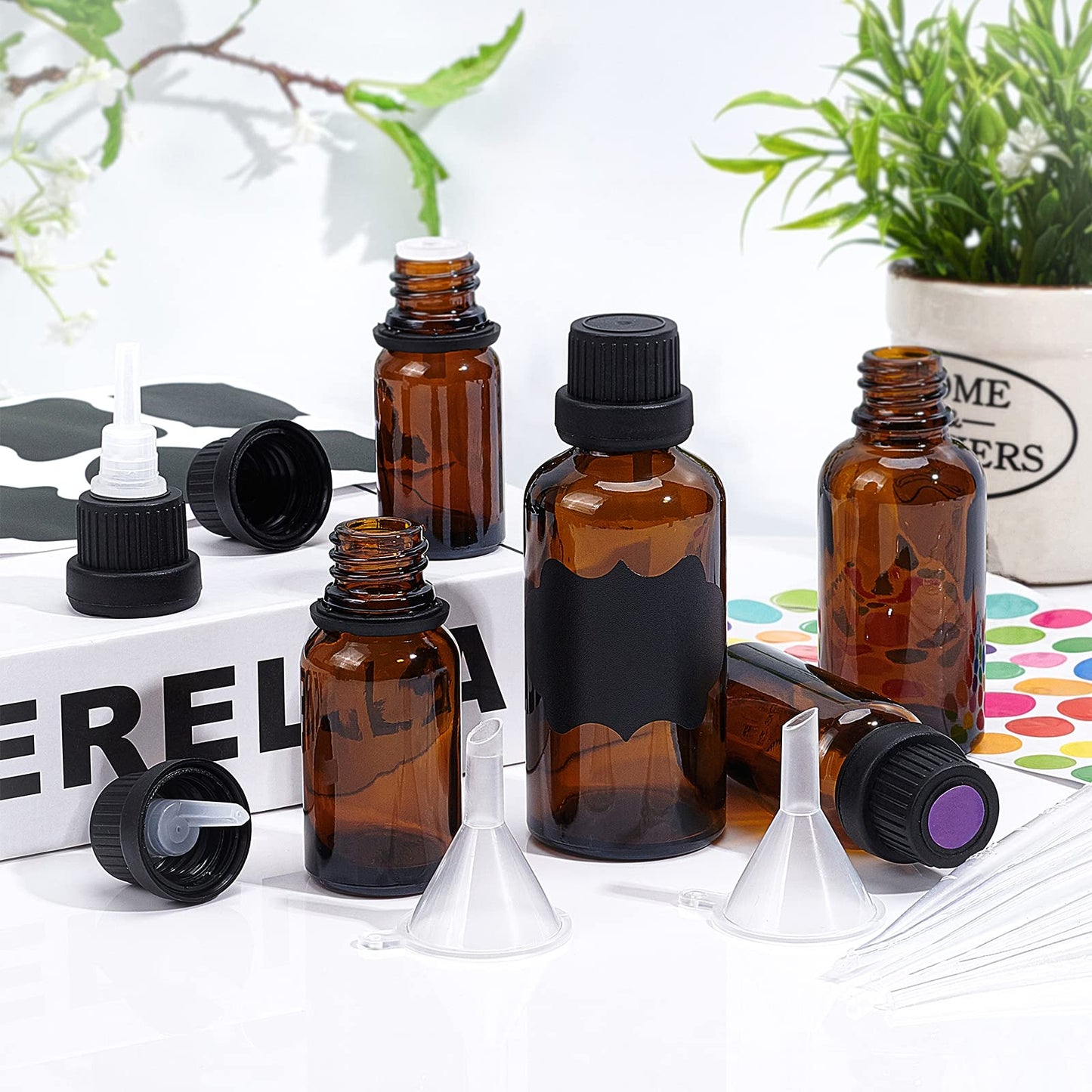 BENECREAT 24 Pack 15ml Brown Glass Essential Oil Bottles Refillable Container Kits with Plastic Droppers, Funnel Hoppers and Sticker for Aromatherapy Fragrance Cosmetic Oil