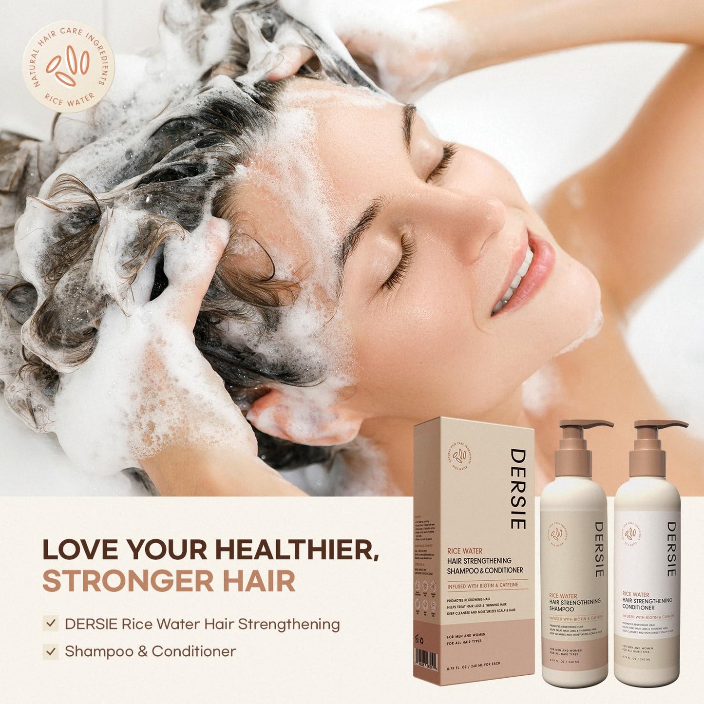 Rice Water Hair Growth Shampoo & Conditioner - Biotin & Caffeine Infused for Thinning Hair | Nourishing Formula