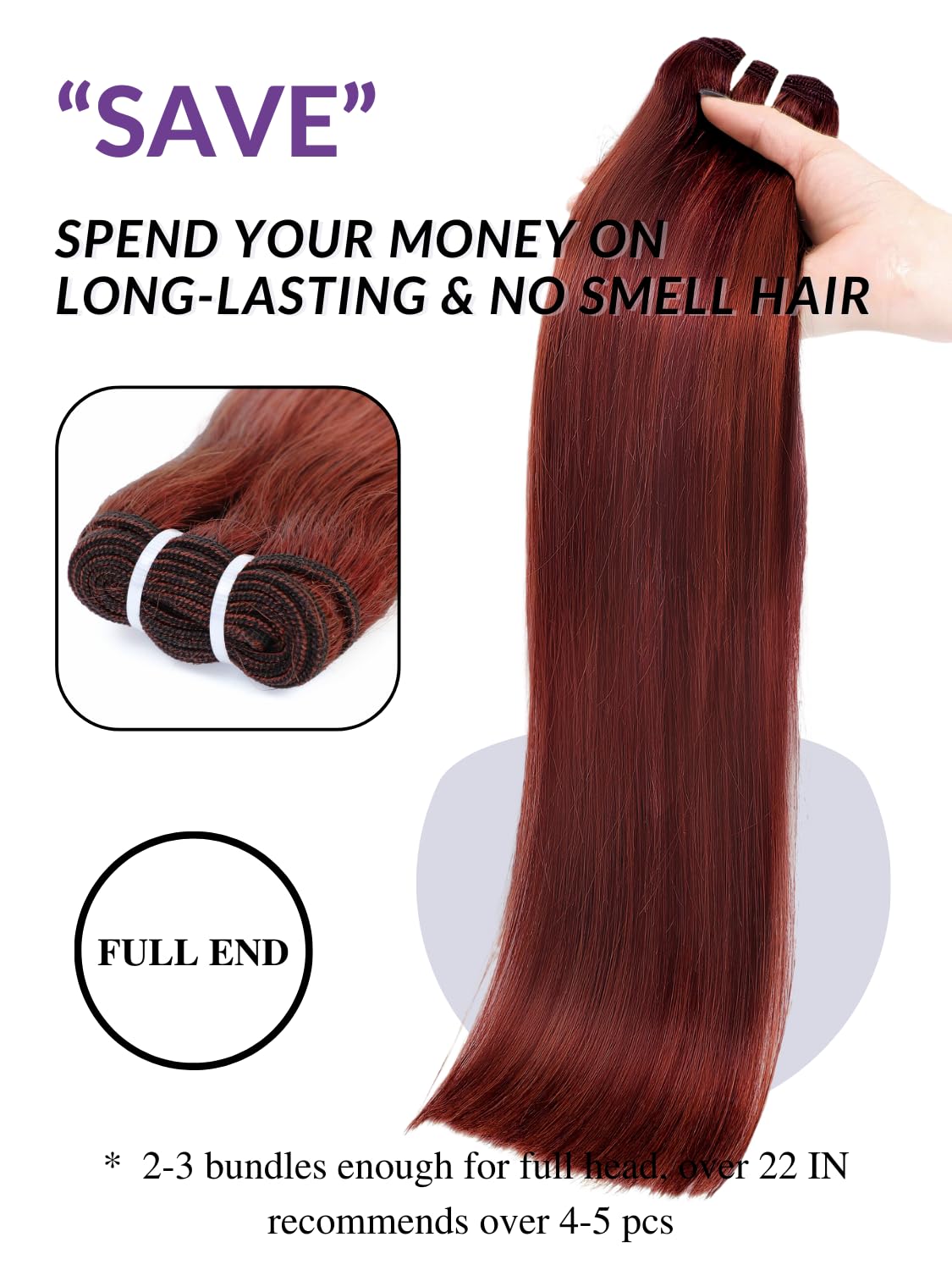 HERMOUS 13A Double Drawn Reddish Brown Bundles Straight Human Hair, 100% Real Raw Human Hair Full and Thick #33B Copper Red Auburn Brown Colored Single Bundles for Quick Weave Sew In 12 Inch