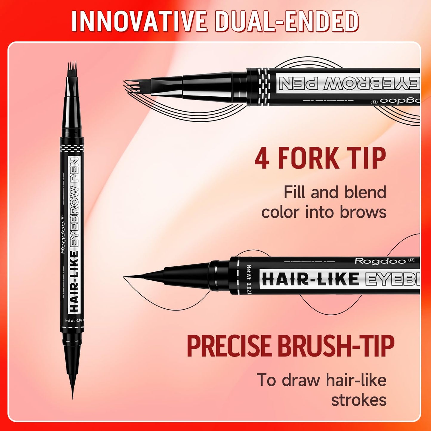 Rogdoo Eyebrow Pen-2-in-1 Dual-Ended Waterproof Eye Brow Pencils for Women with 4-Fork-Tip & Precise Brush-Tip for Natural Hair Like Strokes,Last All-Day,with Eyebrow Spoolie Brush,Light brown