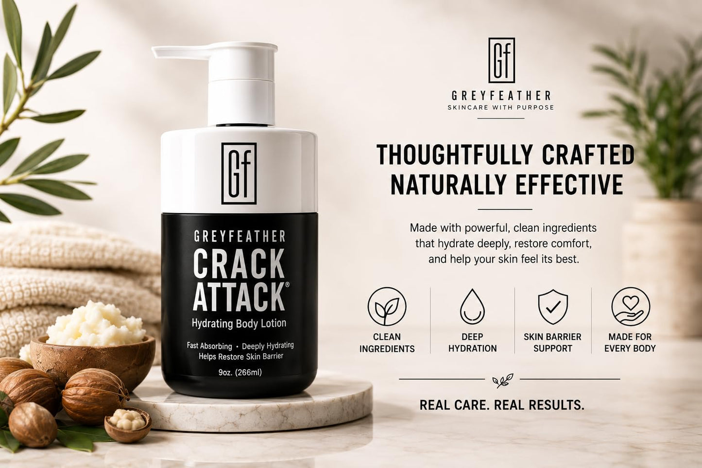 Greyfeather Crack Attack Hydrating Body Lotion for Dry Cracked Skin – Fast Absorbing, Mint Scented, Non-Greasy Moisturizer with Aloe, Shea Butter – Heals Hands, Feet, Elbows, Full Body Repair