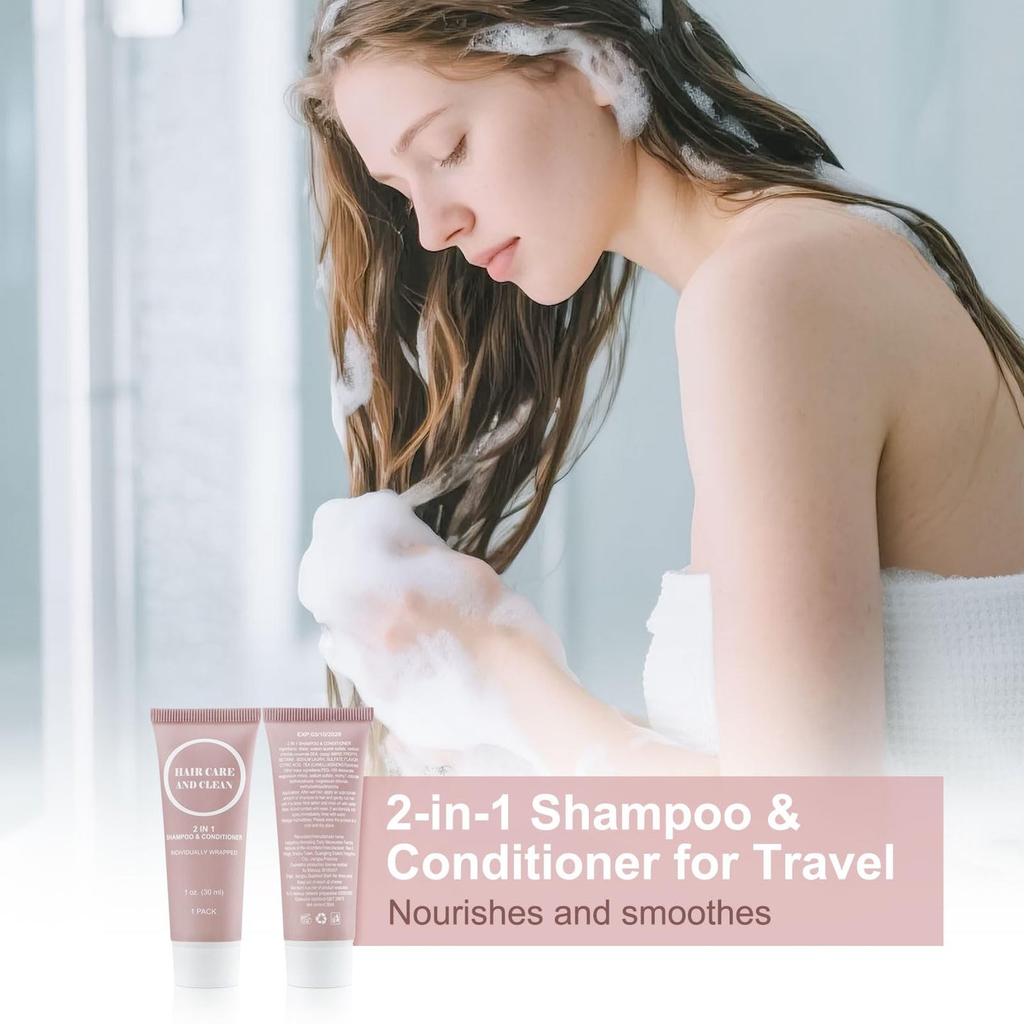 Travel Shampoo & Conditioner, 2 in 1 Shampoo Set Bulk, Small Mini Trial Size Men Women Essential Cleansing Toiletries Amenities for Hotel, Shelter/Homeless/Nursing Home/Charity 1 Fl Oz (Pack of 60）