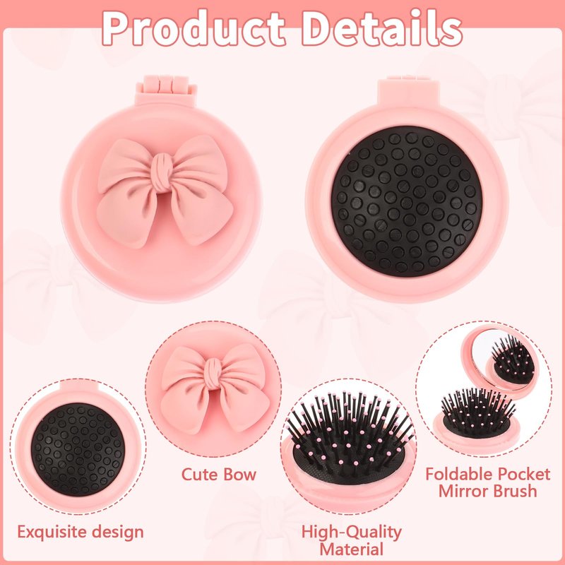 XEQWZVFR 20Sets Pink Bow Party Favors Pink Coquette Bow Mini Hair Brushes Folding Mirror Coquette Detangler Brush Round Compact Massage Scalp Comb with Organza Bags for Women Travel Team Gifts