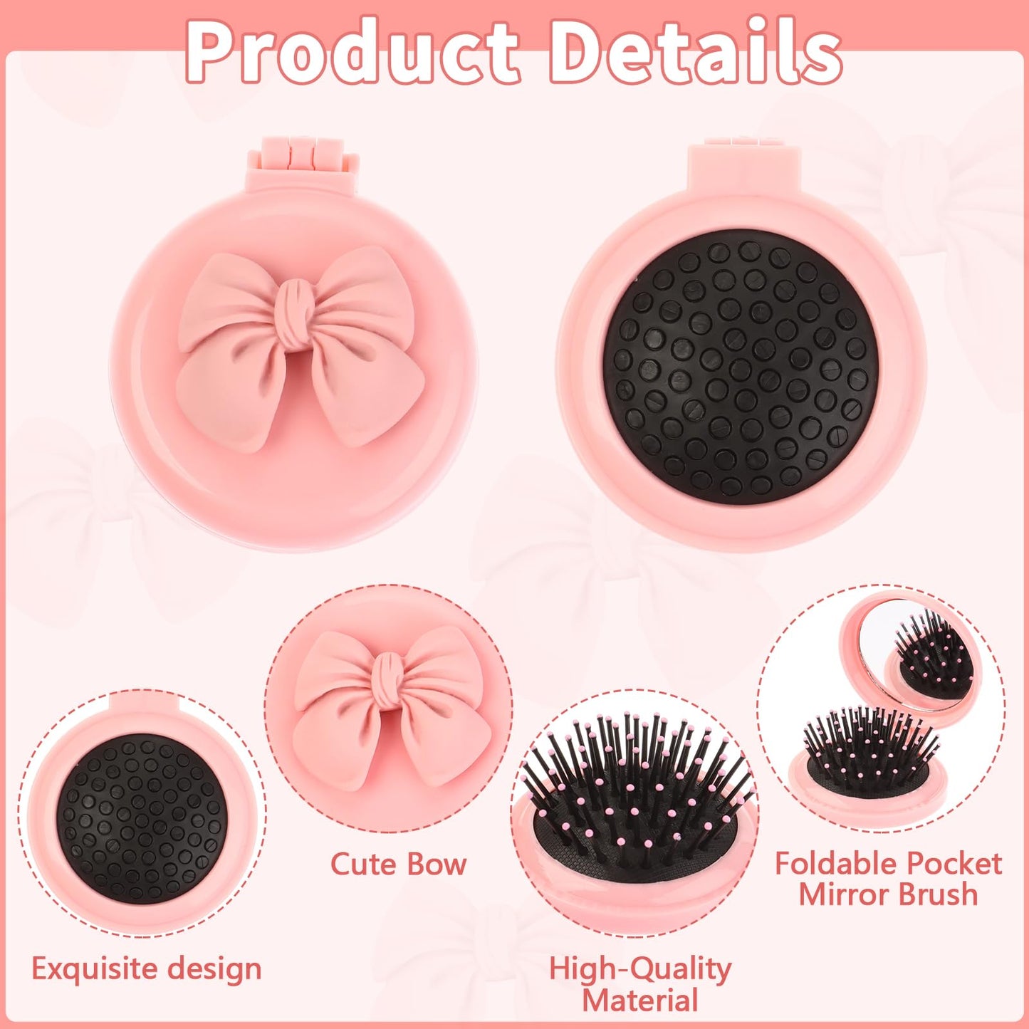XEQWZVFR 20Sets Pink Bow Party Favors Pink Coquette Bow Mini Hair Brushes Folding Mirror Coquette Detangler Brush Round Compact Massage Scalp Comb with Organza Bags for Women Travel Team Gifts