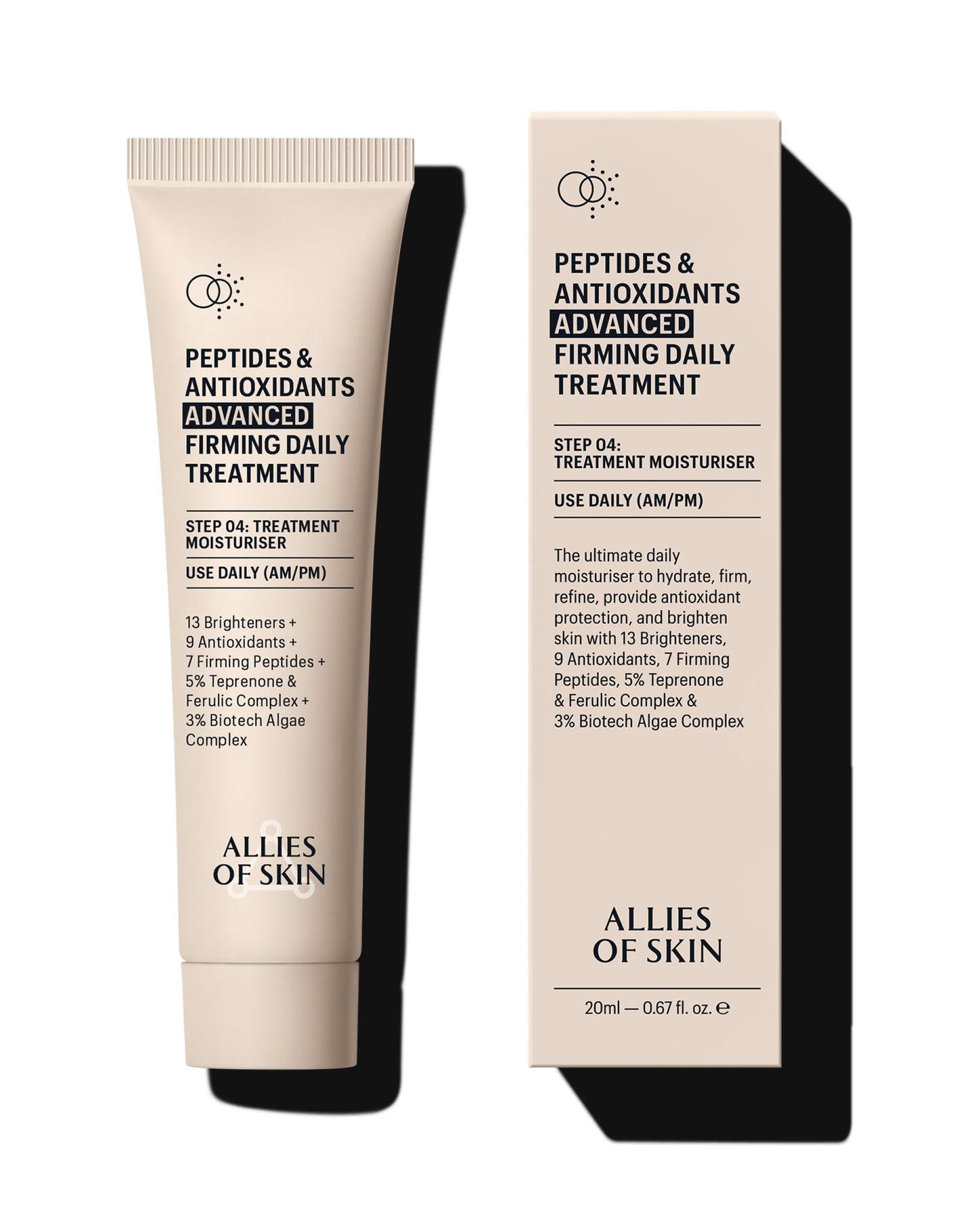Allies of Skin Peptides & Antioxidants Advanced Firming Daily Treatment with 13 Brighteners, 9 Antioxidants, 7 Firming Peptides, 5% Teprenone & Ferulic Complex and 3% Biotech Algae Complex 20ml/0.67oz