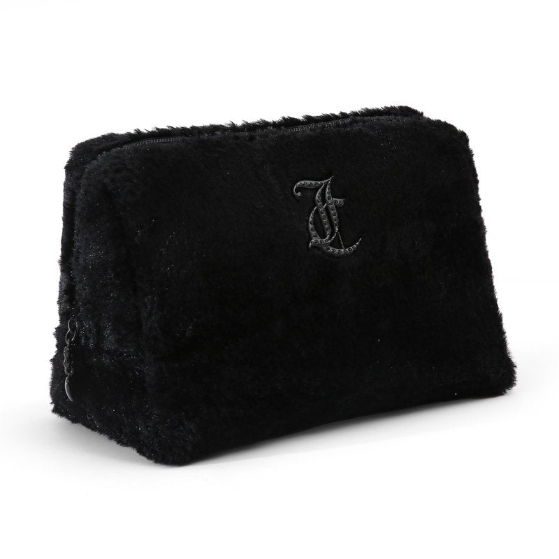 Juicy Couture Black Makeup Bag Cosmetics Organizer Travel Essentials Zip Top Wedge Faux Fur Rhinestone