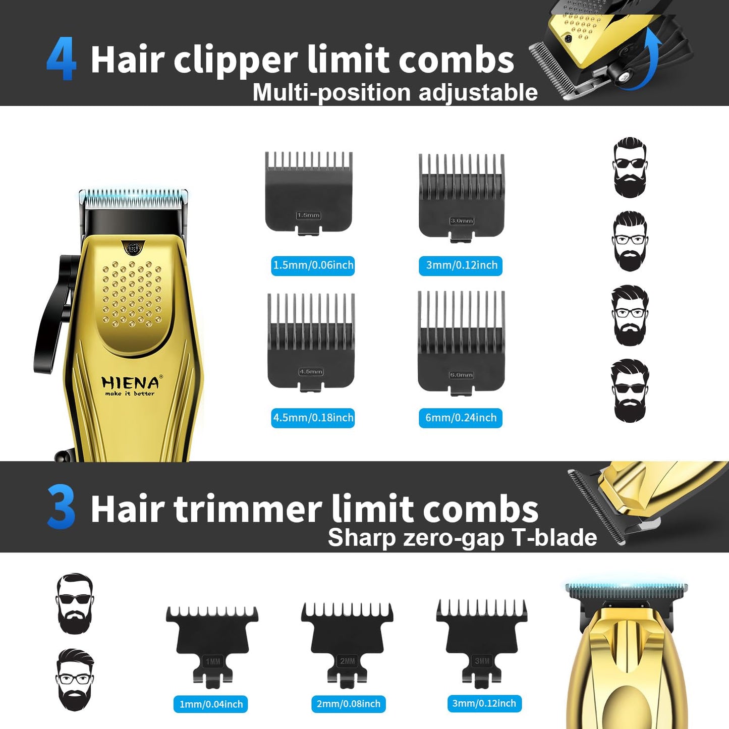 HIENA PRO Hair Clippers for Men Professional, Cordless Barber Clipper & T-Blade Beard/Hair Trimmer Set, Electric Razor Foil Shaver Nose Trimmer Barber Kit, Men's Hair Cutting Kit (Gold)