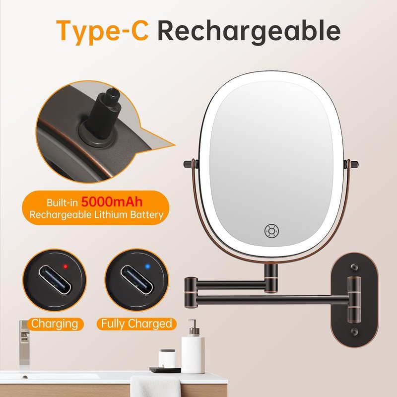 Funtoouch 30X/1X Wall Mounted Makeup Mirror - Rechargeable Double-Sided, 3 Color Modes, 360° Rotation | Antique Bronze