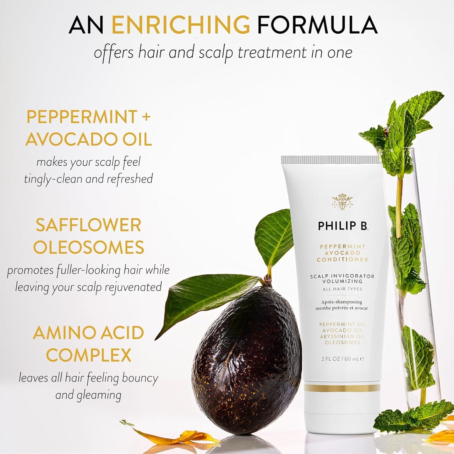 Philip B Peppermint Avocado Conditioner - Volumizing Hair Care with Peppermint & Eucalyptus | 2 fl. oz. (60 ml)