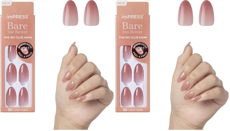 KISS imPRESS No Glue Mani Press On Nails, Bare but Better, 'Serenity', Medium Pink, Medium Size, Almond Shape, Includes 30 Nails, Prep Pad, Instructions Sheet, 1 Manicure Stick, 1 Mini File