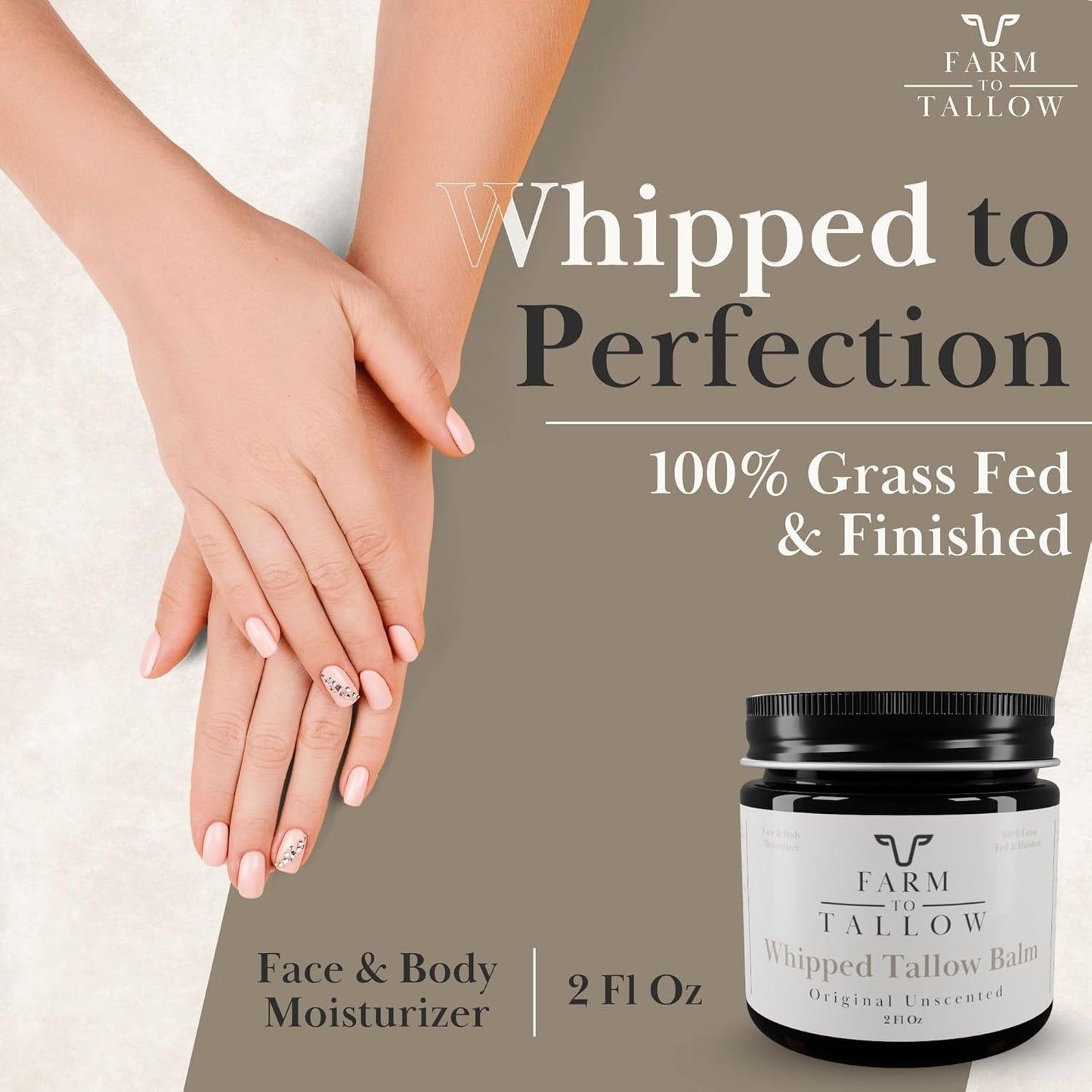 Whipped Beef Tallow Cream for Face & Body - Unscented, Natural Grass-Fed | 2oz Moisturizer with Olive Oil