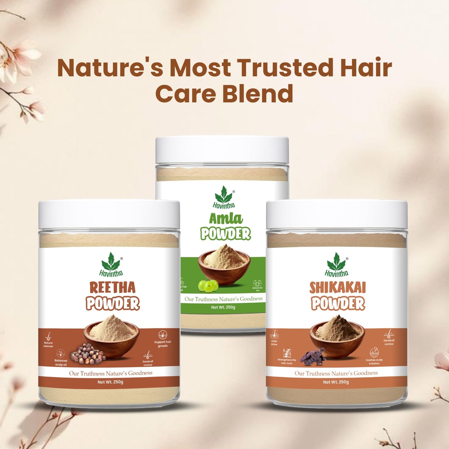 Havintha Amla Reetha Shikakai Powder For Hair - Each 250 gram (Pack of 3)