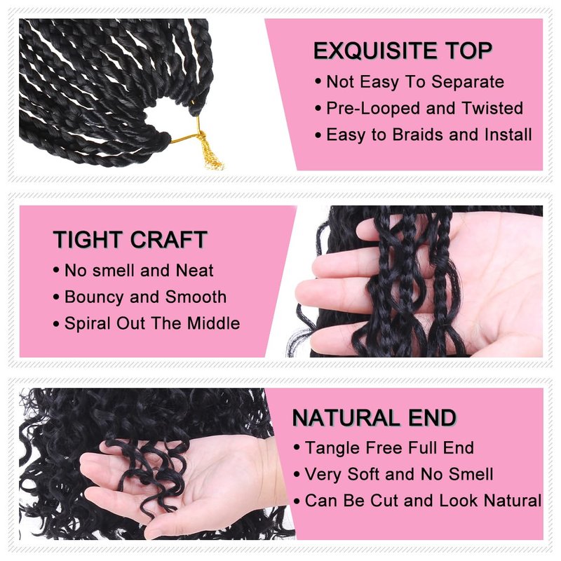 COOKOO 8 Packs 24 Inch Boho Box Braids Crochet Hair With Curly Ends Bohemian Hippie Goddess Box Braids Pre-looped Synthetic Braiding Hair Extension for Black Woman 23#