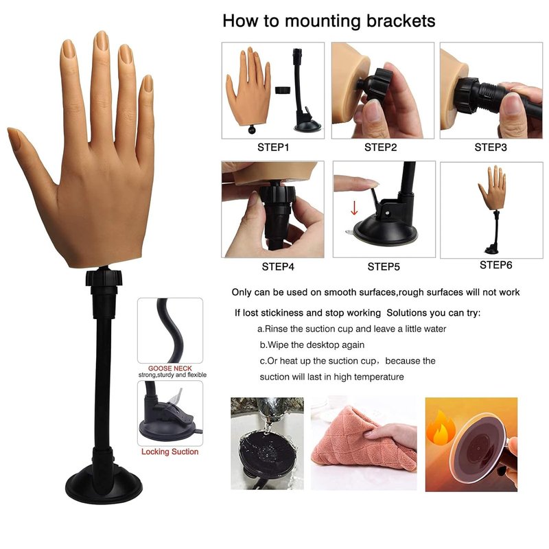 Silicone Practice Hand for Acrylic Nails - Flexible Life-Size Mannequin with Stand | Right Hand
