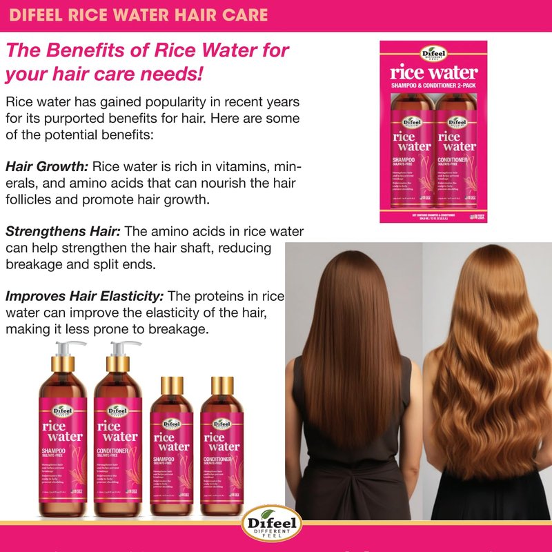Difeel Rice Water Shampoo 33.8 oz. - Strengthening Sulfate Free Shampoo for All Hair Types