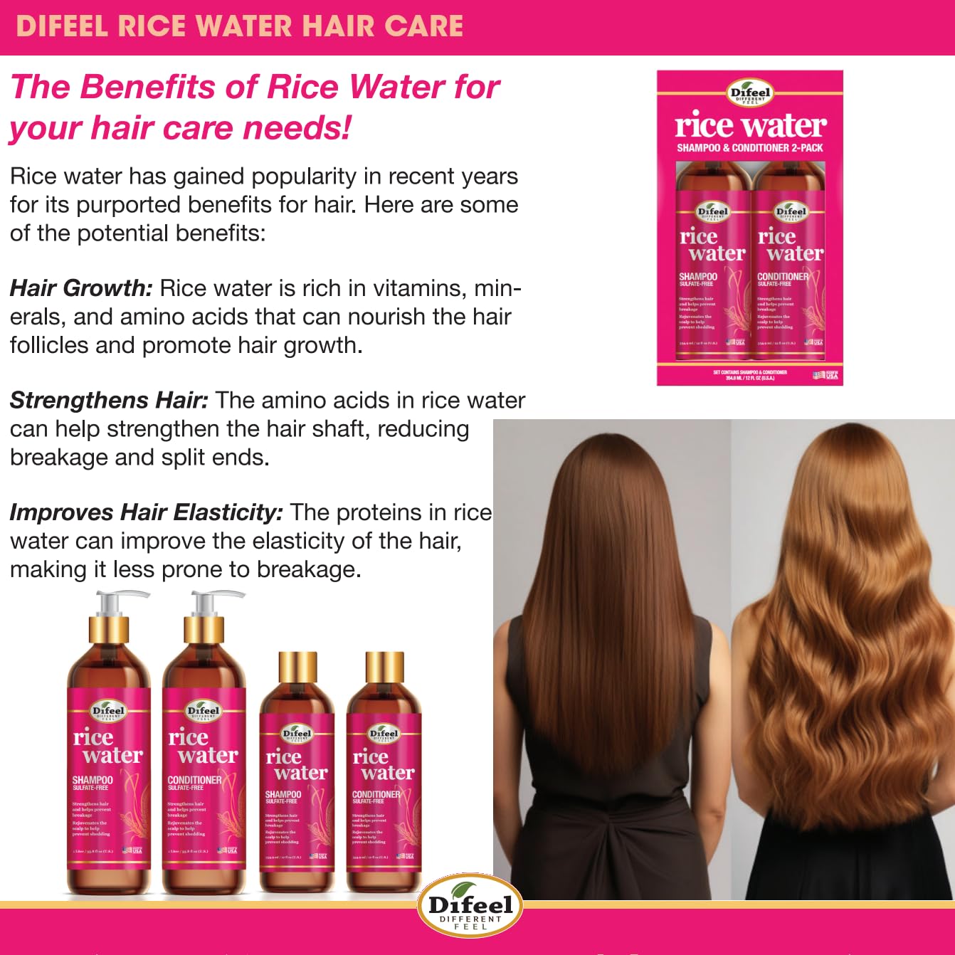 Difeel Rice Water Shampoo 33.8 oz. - Strengthening Sulfate Free Shampoo for All Hair Types