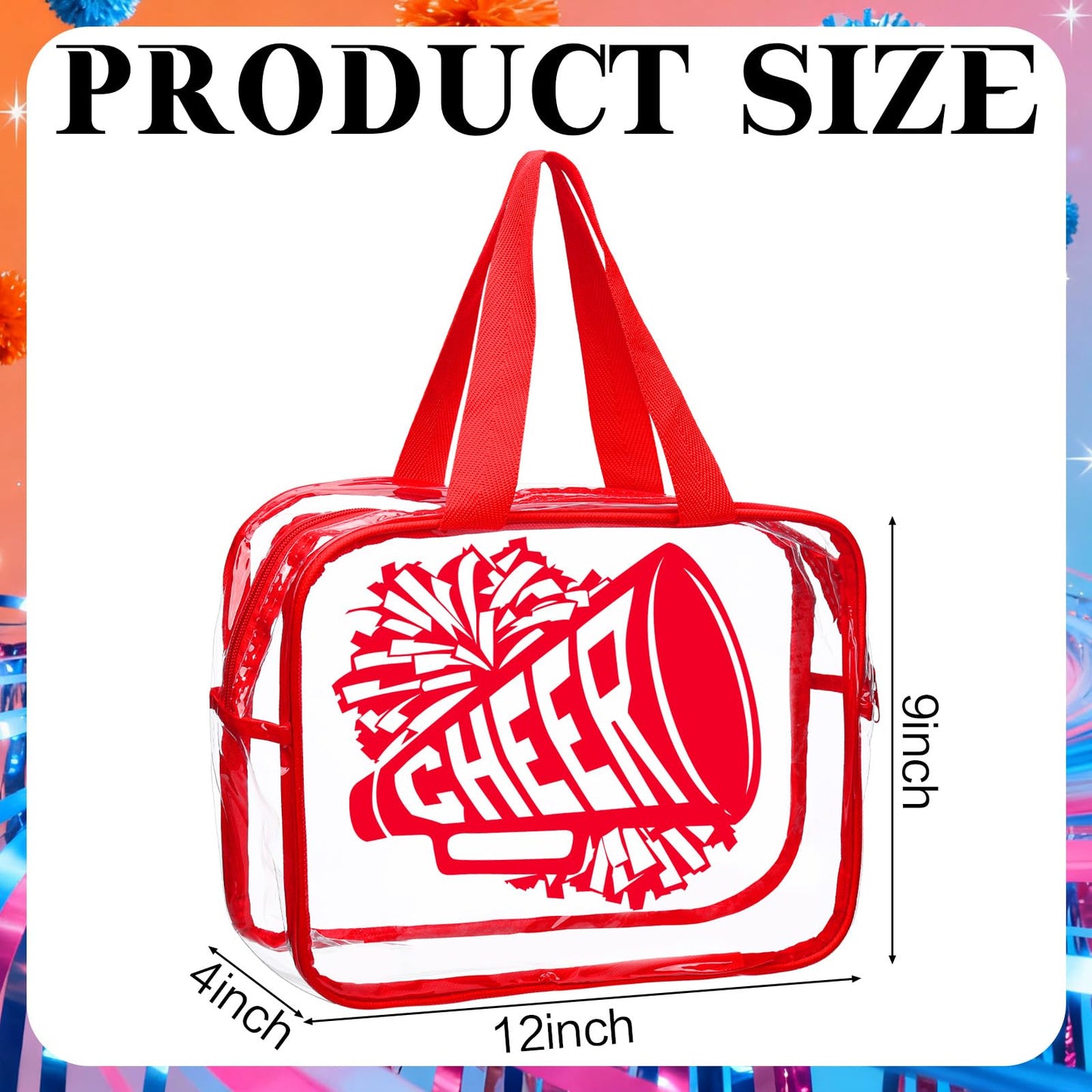 Kacctyen 12 Pcs Cheer Large Clear Toiletry Cosmetic Makeup Bag with Zipper and Handle Cheer Snack Bag Bulk for Team 12 x 9 x 4 Gift Bags Tote Pouch Cheerleading Teammates Party Supplies(Red)