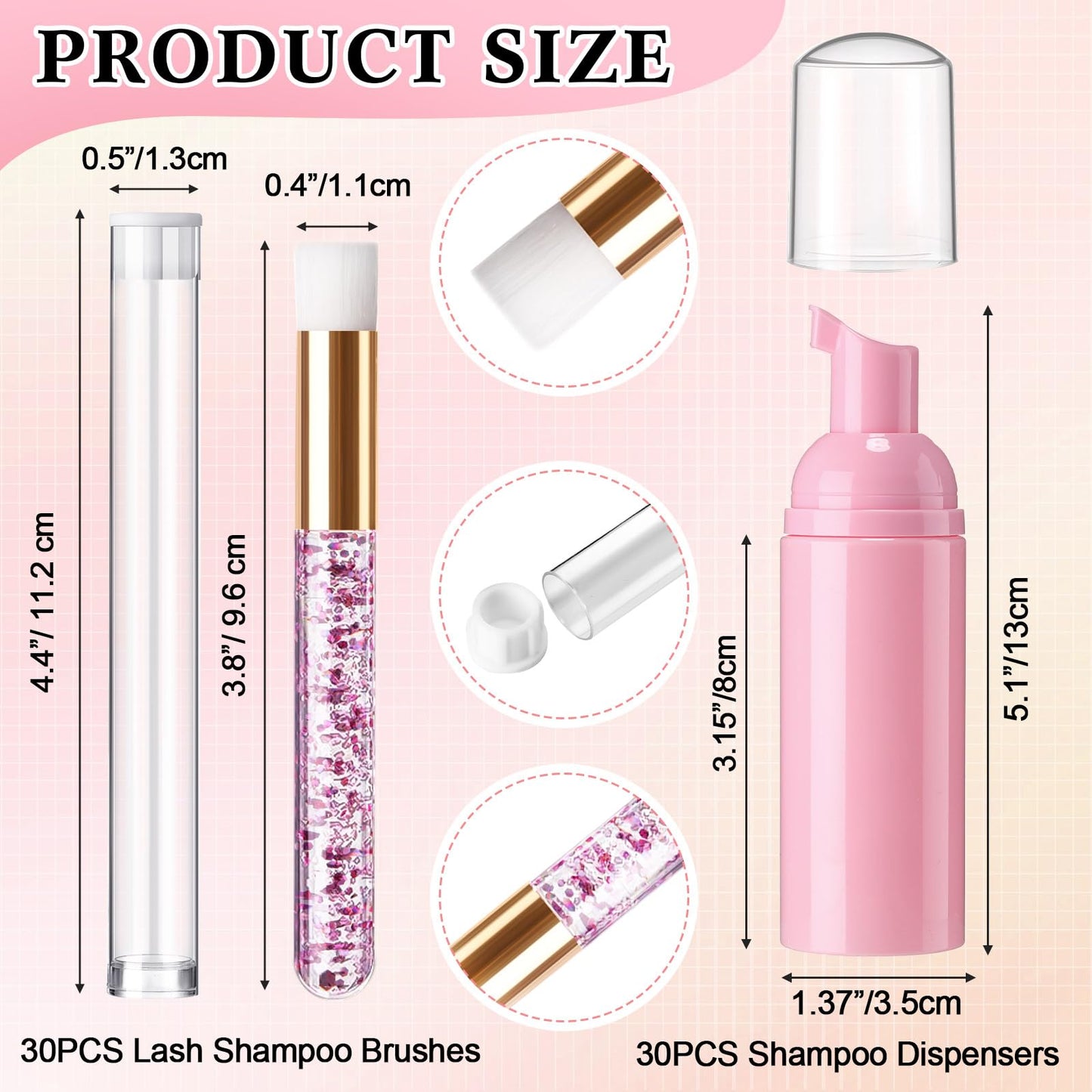 Zhehao 150 Pcs Lash Shampoo Kit Bottle Brushes Bulk 30 Eyelash Dispensers 30 Lash Shampoo Brushes 30 Reusable Aftercare Bag 30 Eyelash Pipes 30 Extension Aftercare Cards(Pink)