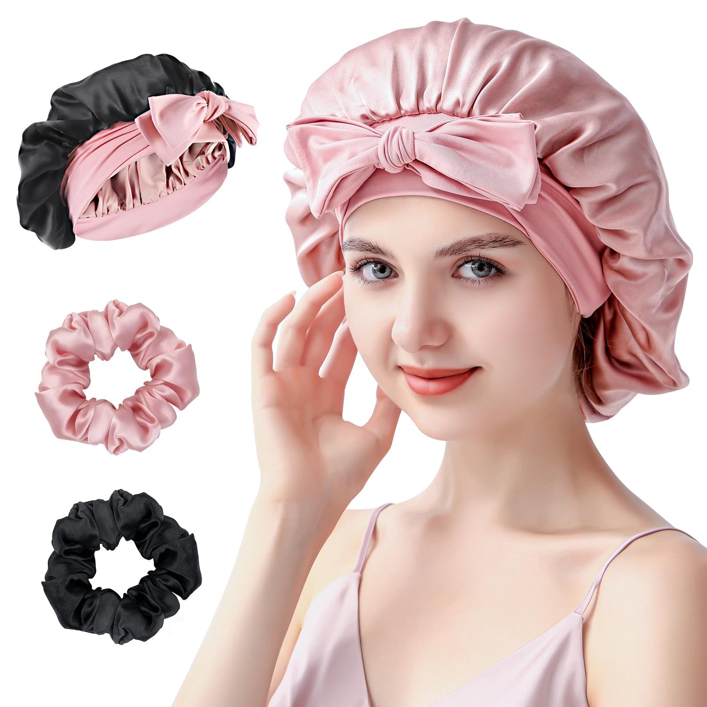 Silk Bonnet for Sleeping Women, 22 Momme 100% Mulberry Silk Sleep Cap with 2 Matching Silk Scrunchies, Double-Sided Wearable Hair Bonnet for Night Hair Care and All Hair Types - Lotus-root Pink