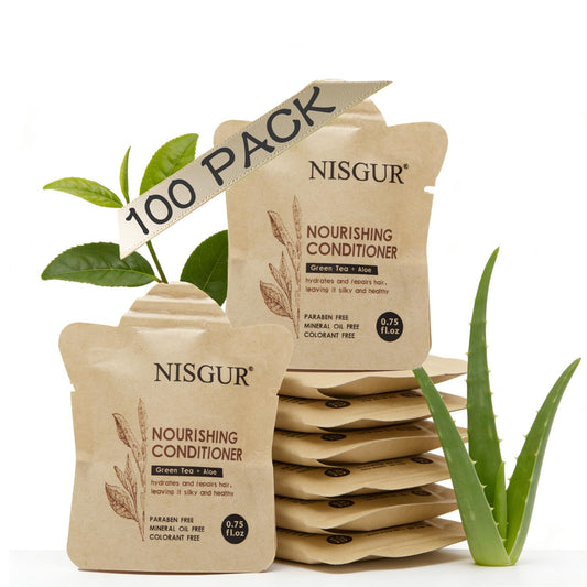 NISGUR Hotel Conditioner Bulk 0.75 oz 100 Pack Non Plastic Travel Size Conditioner Paper Pouch Packed Aloe and Green Tea Extract Infused