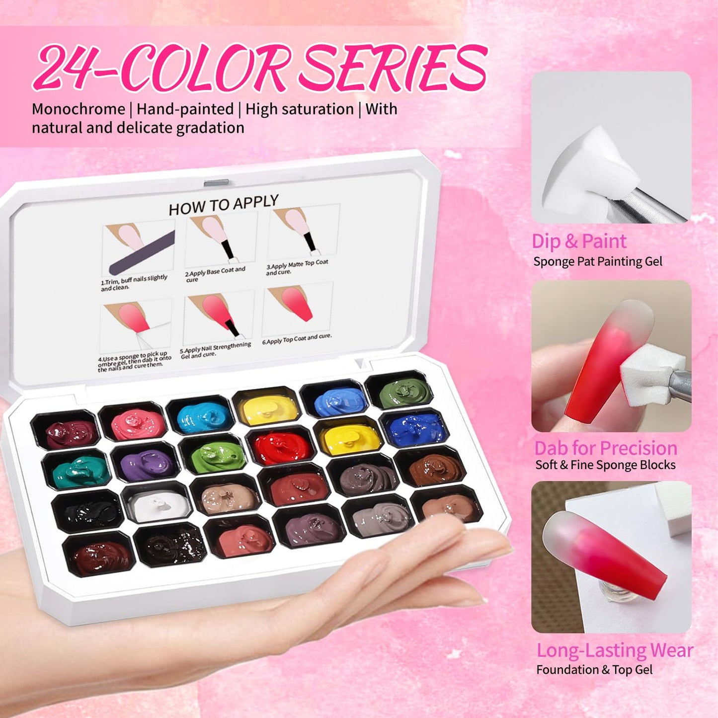 Ombre Gel Nail Polish Set - 24 Vibrant Colors for Gradient Nail Art | Includes 100 Nail Sponges